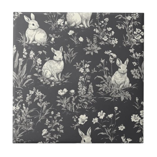 Rustic Black Rabbit Botanische Toile Patroon Tegeltje (Voorkant)