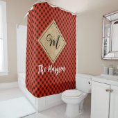 Rustic Black Red Buffalo Plaid Burlap Monogrammed Douchegordijn (In situ)