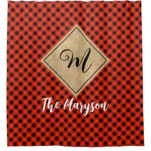 Rustic Black Red Buffalo Plaid Burlap Monogrammed Douchegordijn (Voorkant)