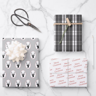 Rustic Black Reindeer met Black en White Tartan Inpakpapier Vel