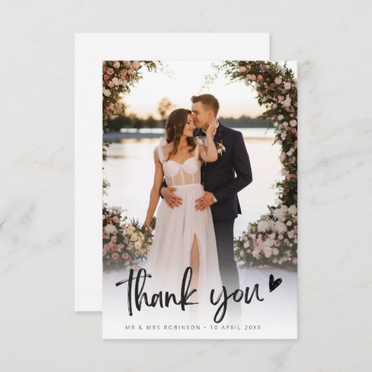 Rustic Black Script Hart Nieuwgehuwden Trouwfoto Bedankkaart (Voorkant / Achterkant)