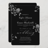 Rustic Black Silver Floral Calligraphy Wedding Kaart (Voorkant / Achterkant)