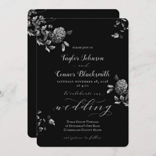 Rustic Black Silver Floral Calligraphy Wedding Kaart (Voorkant / Achterkant)