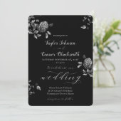 Rustic Black Silver Floral Calligraphy Wedding Kaart (Staand voorkant)