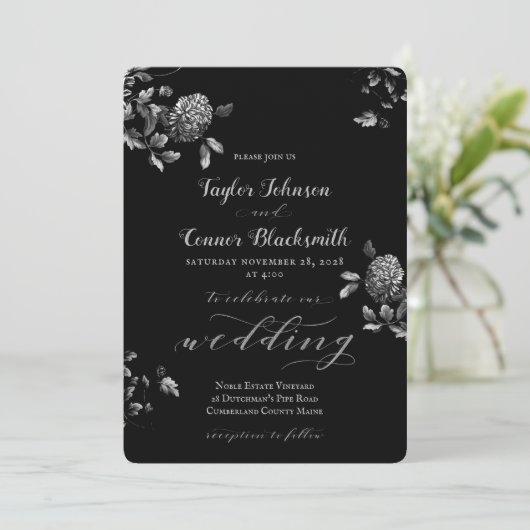 Rustic Black Silver Floral Calligraphy Wedding Kaart (Staand voorkant)