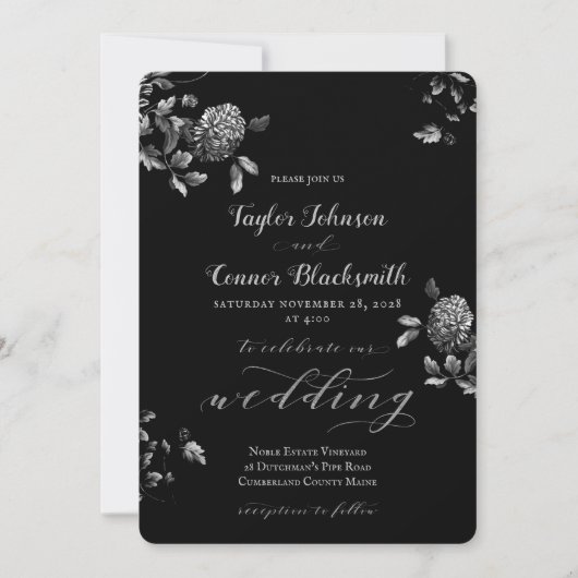 Rustic Black Silver Floral Calligraphy Wedding Kaart (Voorkant)