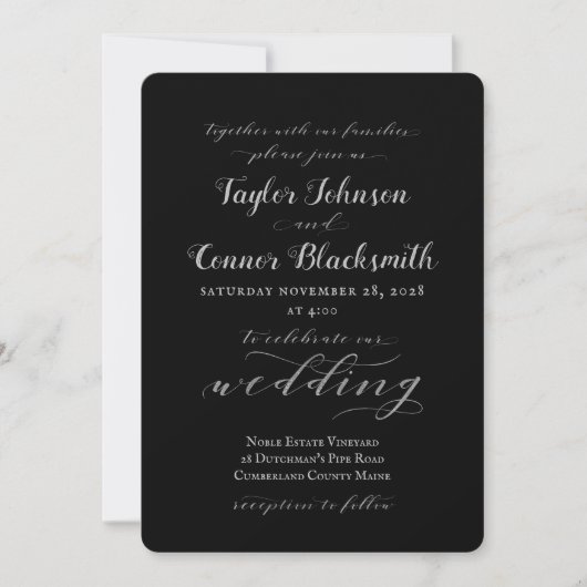 Rustic Black Silversmith Calligraphy Wedding Kaart (Voorkant)