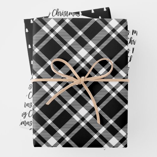 Rustic Black Tartan Pset Merry-kerstpatroon Inpakpapier Vel (In situ)