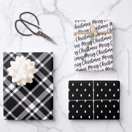 Rustic Black Tartan Pset Merry-kerstpatroon Inpakpapier Vel (Voorkant)