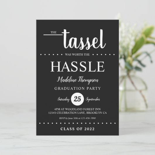 Rustic Black Tassel Script Graduparty Kaart (Staand voorkant)