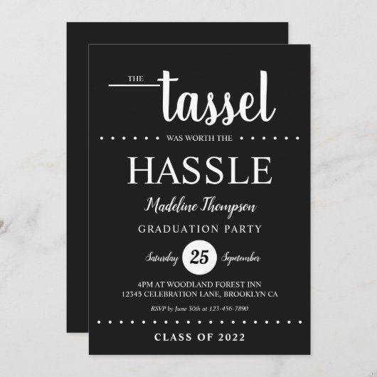 Rustic Black Tassel Script Graduparty Kaart (Voorkant / Achterkant)