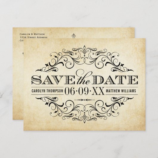  Rustic Black Vlourish Parchment Wedding Aankondigingskaart (Voorkant / Achterkant)