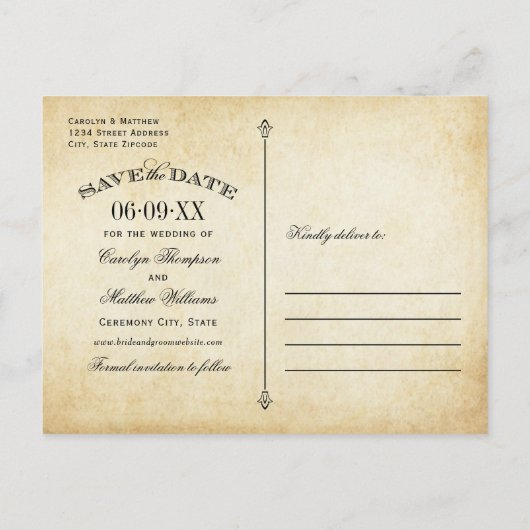 Rustic Black Vlourish Parchment Wedding Aankondigingskaart (Achterkant)