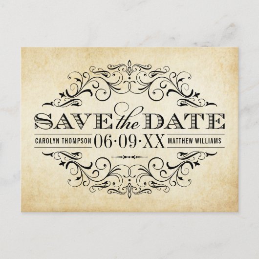  Rustic Black Vlourish Parchment Wedding Aankondigingskaart (Voorkant)