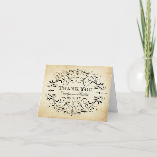 Rustic Black Vlourish Parchment Wedding Bedankkaart (Voorkant)