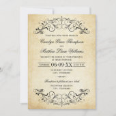 Rustic Black Vlourish Parchment Wedding Kaart (Voorkant)