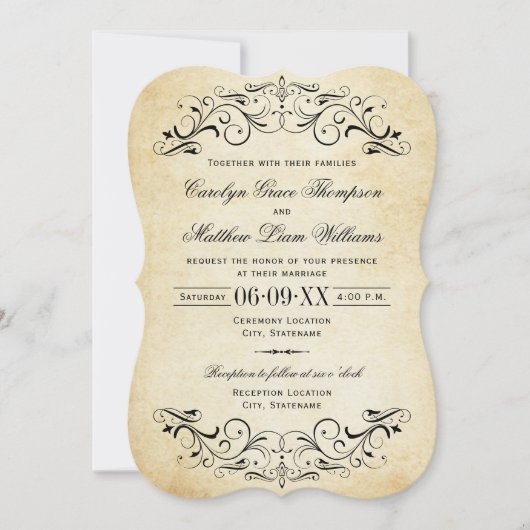  Rustic Black Vlourish Parchment Wedding Kaart (Voorkant)