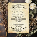 Rustic Black Vlourish Parchment Wedding Kaart<br><div class="desc">Decoratieve zwarte zwanen en bloeien lijst dit elegante  type-typografie bruiloft uitnodigingsontwerp. De roestachtige ivoorachtergrond is bedrukt met een getextureerd verouderd perkamentpapier. Pas de stijlvolle aangepaste tekst aan voor uw trouwceremonie en -ontvangst.</div>
