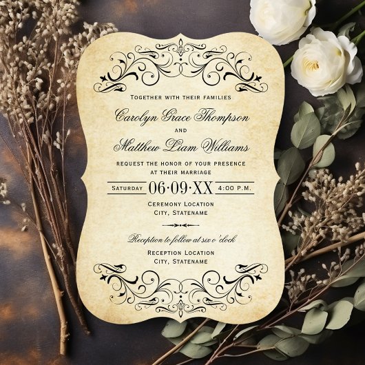  Rustic Black Vlourish Parchment Wedding Kaart