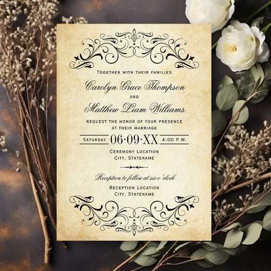 Rustic Black Vlourish Parchment Wedding Kaart