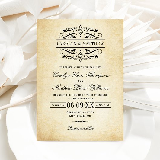  Rustic Black Vlourish Parchment Wedding Kaart