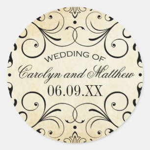 Rustic Black Vlourish Parchment Wedding Ronde Sticker