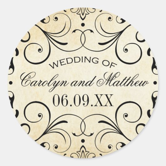  Rustic Black Vlourish Parchment Wedding Ronde Sticker (Voorkant)