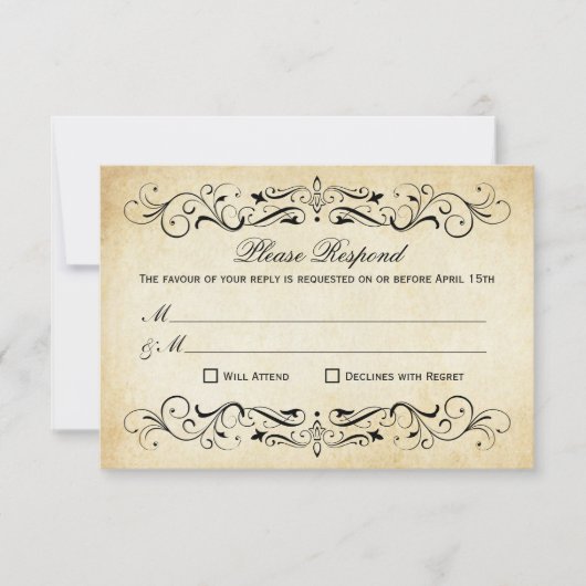  Rustic Black Vlourish Parchment Wedding RSVP Kaartje (Voorkant)