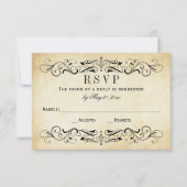  Rustic Black Vlourish Parchment Wedding RSVP Kaartje (Voorkant)