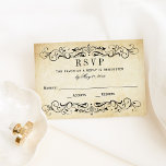 Rustic Black Vlourish Parchment Wedding RSVP Kaartje<br><div class="desc">Decoratief zwart wervelt en bloeit lijst dit elegante  geïnspireerde bruiloft antwoord kaart ontwerp. De rustieke ivoren achtergrond is bedrukt met een getextureerde verouderde perkament papier uiterlijk. Personaliseer de aangepaste RSVP-tekst met uw antwoorddatum.</div>