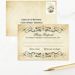 Rustic Black Vlourish Parchment Wedding RSVP Kaartje