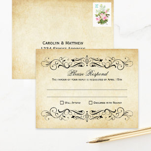 Rustic Black Vlourish Parchment Wedding RSVP Kaartje