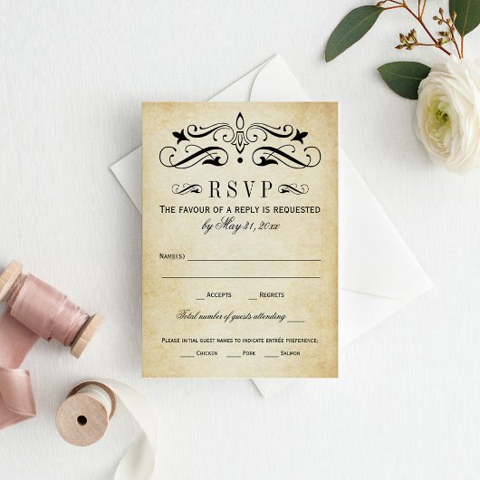  Rustic Black Vlourish Parchment Wedding RSVP Kaartje