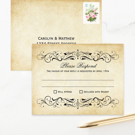  Rustic Black Vlourish Parchment Wedding RSVP Kaartje