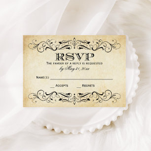  Rustic Black Vlourish Parchment Wedding RSVP Kaartje