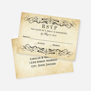  Rustic Black Vlourish Parchment Wedding RSVP Kaartje