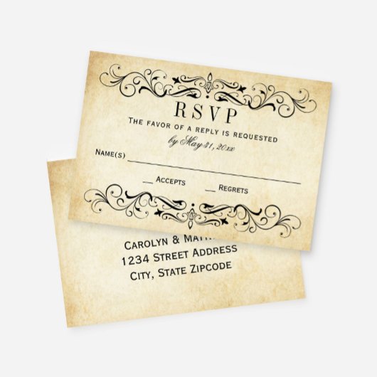  Rustic Black Vlourish Parchment Wedding RSVP Kaartje