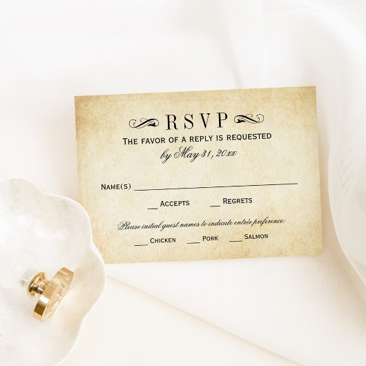 Rustic Black Vlourish Parchment Wedding RSVP Kaartje