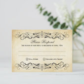Rustic Black Vlourish Parchment Wedding RSVP Kaartje (Staand voorkant)