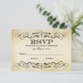  Rustic Black Vlourish Parchment Wedding RSVP Kaartje (Staand voorkant)