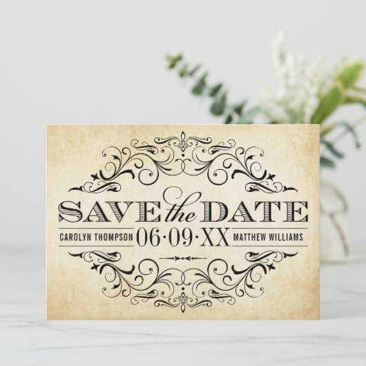  Rustic Black Vlourish Parchment Wedding Save The Date (Staand voorkant)