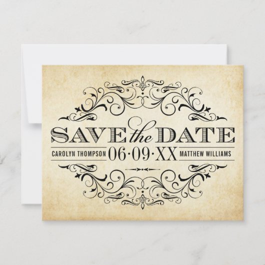 Rustic Black Vlourish Parchment Wedding Save The Date (Voorkant)