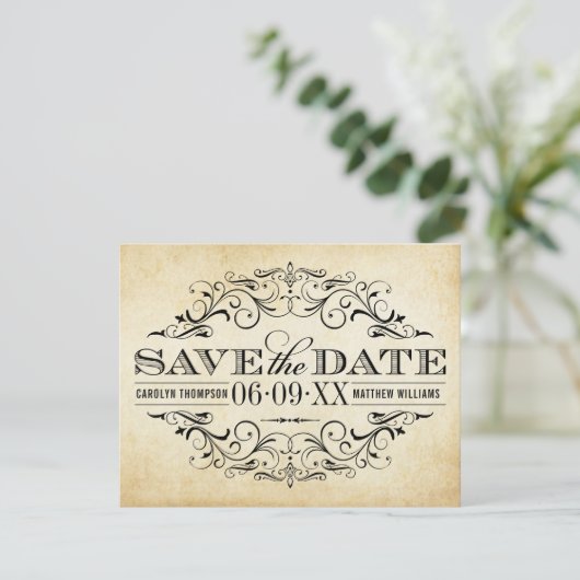  Rustic Black Vlourish Parchment Wedding Save The Date (Staand voorkant)