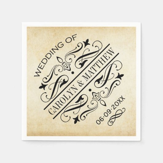  Rustic Black Vlourish Parchment Wedding Servetten (Voorkant)
