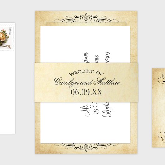  Rustic Black Vlourish Parchment Wedding Uitnodigingen Wikkel