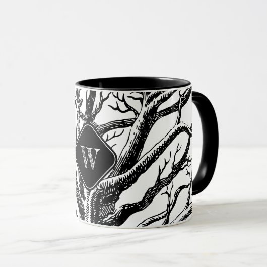 Rustic Black White Abstract Tree Branches Monogram Mok (Voorkant rechts)