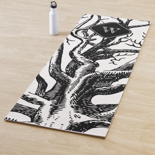 Rustic Black White Abstract Tree Branches Monogram Yogamat (In situ)
