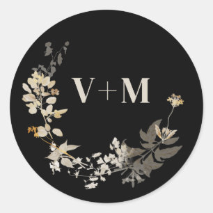 Rustic Black White Botanical Monogram Weddenschap Ronde Sticker