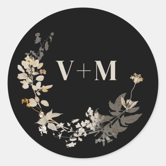Rustic Black White Botanical Monogram Weddenschap Ronde Sticker (Voorkant)