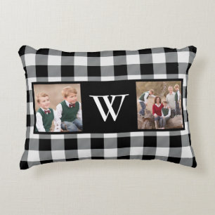 Rustic Black White Buffalo Check 2 Photo Monogram Accent Kussen
